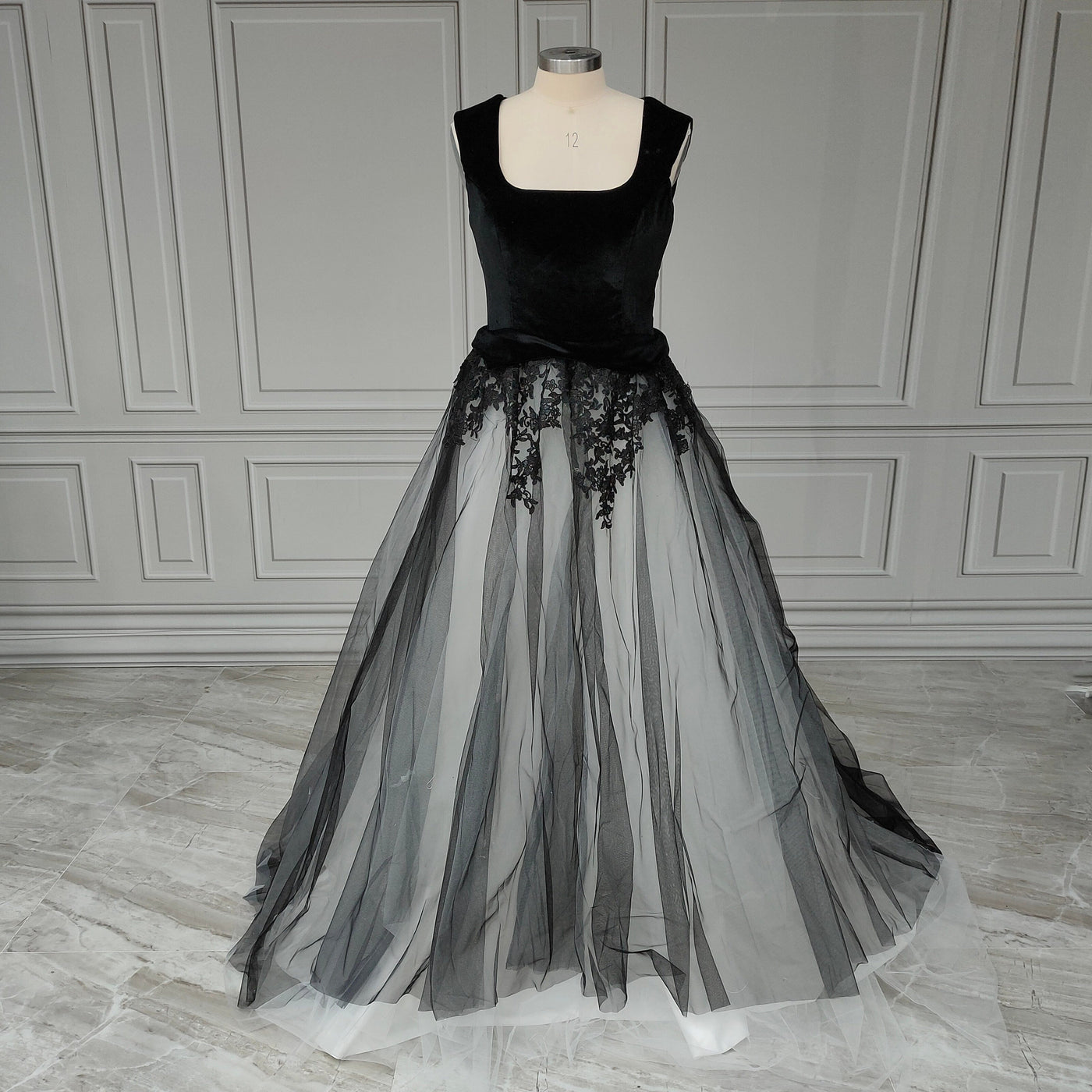 Black Velvet Tulle Open Back Crystals Bridal Gown Vintage Wedding Dresses BlissGown As Picture 2 