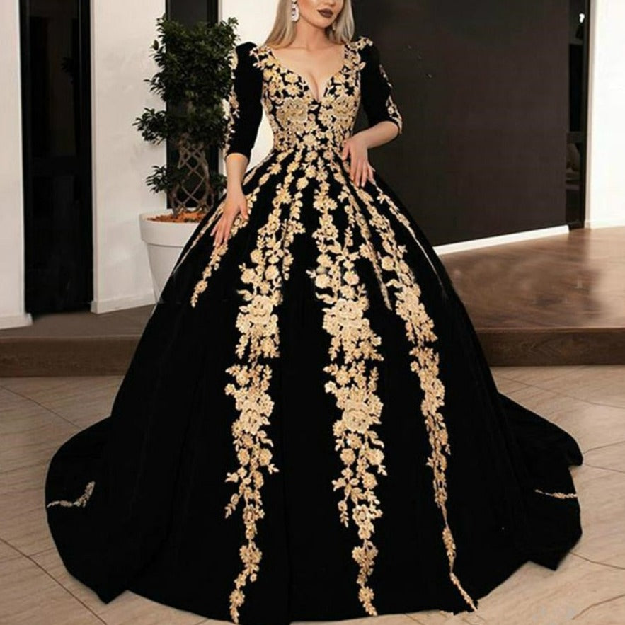 Black Velvet V-neck Half Sleeve Sparkly Evening Dress Evening & Formal Dresses BlissGown 