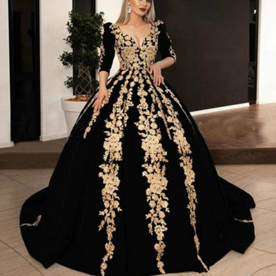 Black Velvet V-neck Half Sleeve Sparkly Evening Dress Evening & Formal Dresses BlissGown black 2 