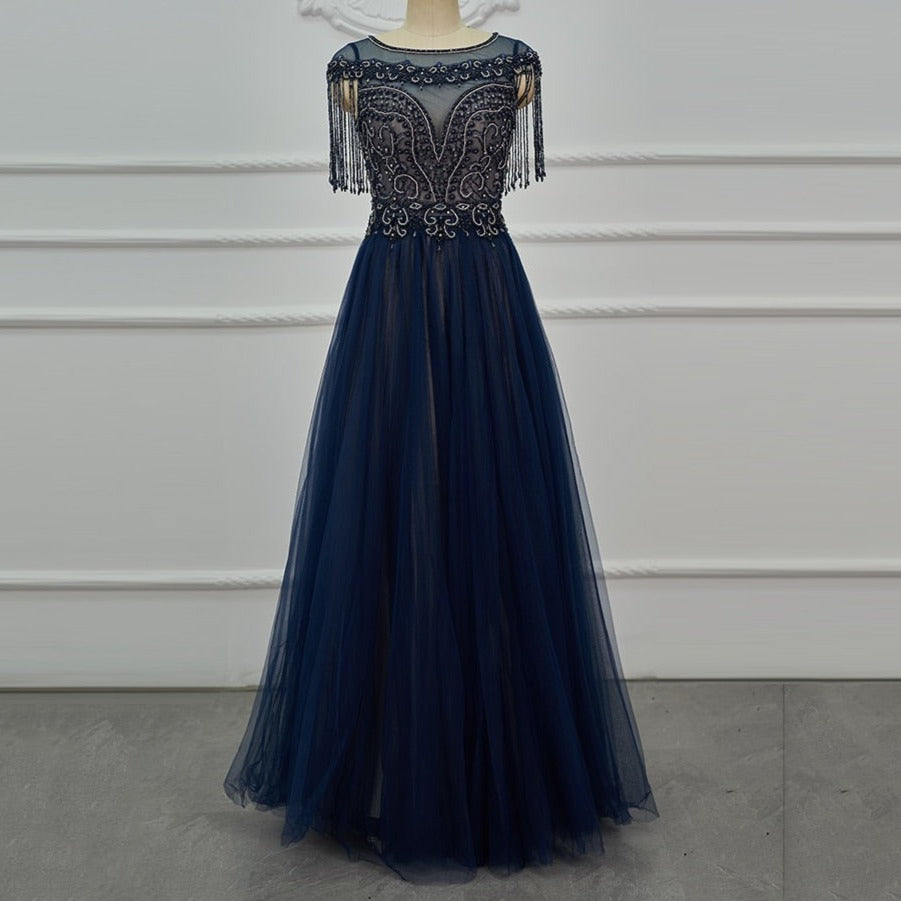 Blue Beaded A Line Crystal Luxury Formal Evening Dress Evening & Formal Dresses BlissGown 