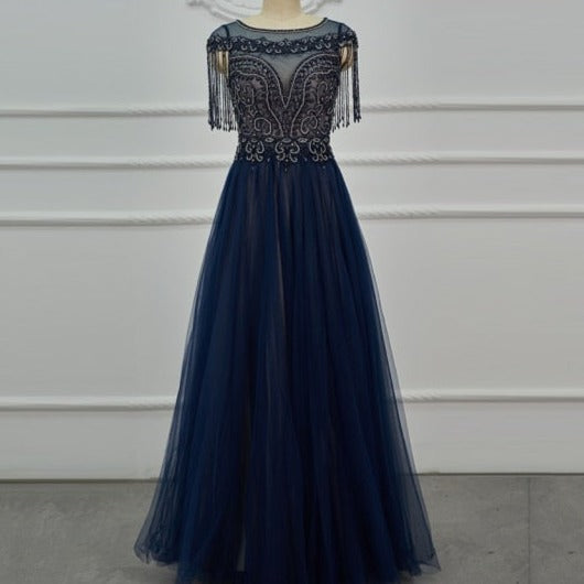 Blue Beaded A Line Crystal Luxury Formal Evening Dress Evening & Formal Dresses BlissGown as picture 8 