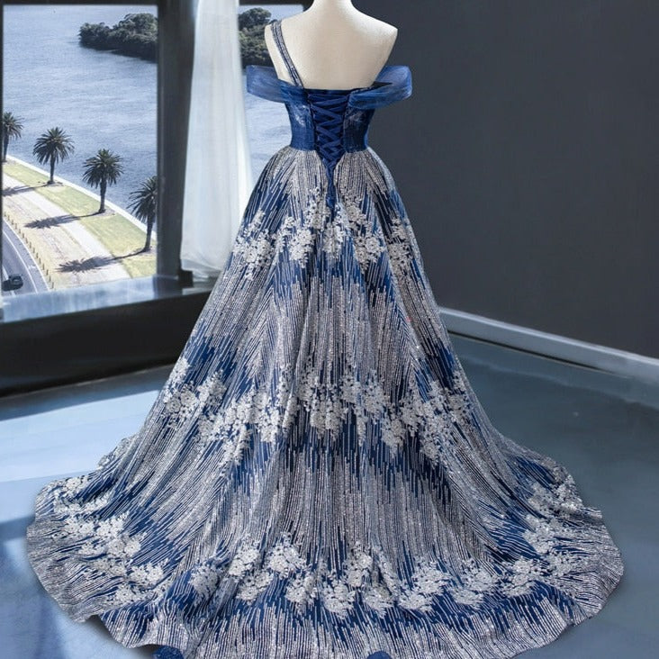 Blue Glitter Sleeveless Sexy One Shoulder Tulle Evening Dress Evening & Formal Dresses BlissGown 