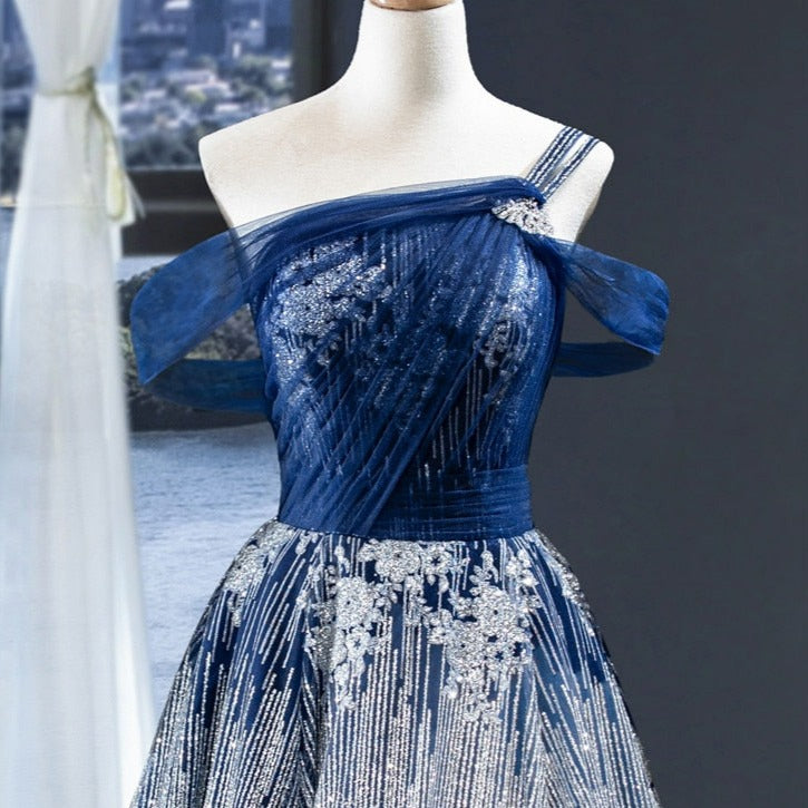 Blue Glitter Sleeveless Sexy One Shoulder Tulle Evening Dress Evening & Formal Dresses BlissGown 