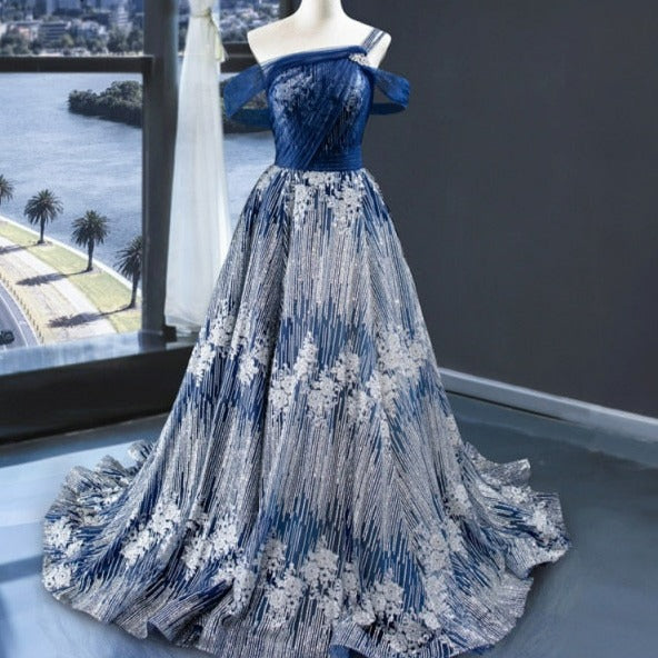 Blue Glitter Sleeveless Sexy One Shoulder Tulle Evening Dress Evening & Formal Dresses BlissGown Blue 10 