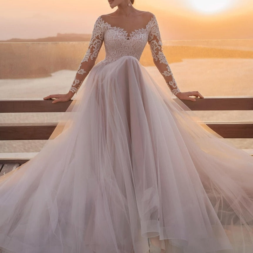 Blush-Toned Long Sleeve Zipper Back Tulle Boho Princess Wedding Gown Boho Wedding Dresses BlissGown 