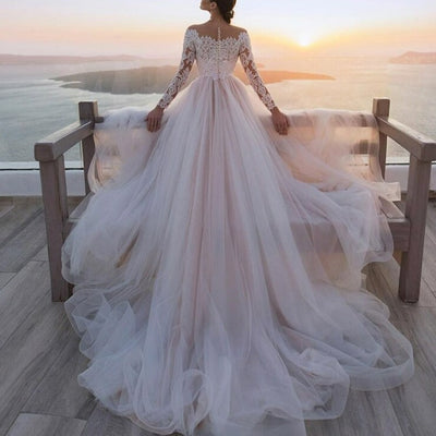 Blush-Toned Long Sleeve Zipper Back Tulle Boho Princess Wedding Gown Boho Wedding Dresses BlissGown Picture Color 2 