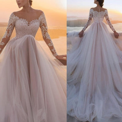 Blush-Toned Long Sleeve Zipper Back Tulle Boho Princess Wedding Gown Boho Wedding Dresses BlissGown White 2 