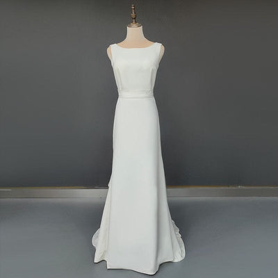 Boat Neck Backless Plain Soft Satin Sheath Wedding Dresses Classic Wedding Dresses BLISSGOWN Beige 2 50cm