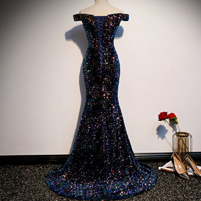 Boat Neck Floor-Length Sequined with Train Evening Dress Evening & Formal Dresses BlissGown 