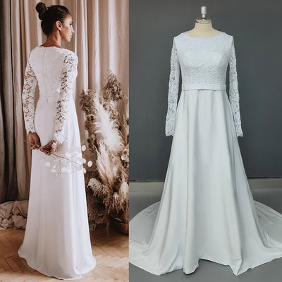 Boat Neck Luxe Satin Closed Elegant Maxi Ivory Back Buttons Wedding Dress Vintage Wedding Dresses BlissGown 