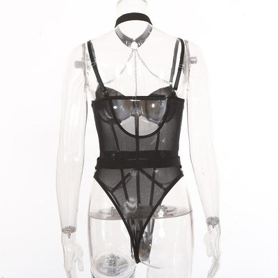 Bodysuit With Halter Chain See Through Teddy High Leg Lingerie Accessories BlissGown 
