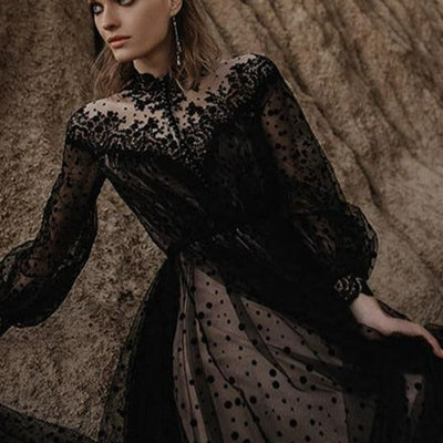Bohemia Black Gothic Lace Country Ruffles Long Sleeve Bridal Dress Classic Wedding Dresses BlissGown 