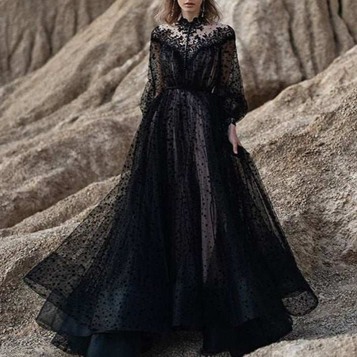 Bohemia Black Gothic Lace Country Ruffles Long Sleeve Bridal Dress Classic Wedding Dresses BlissGown 