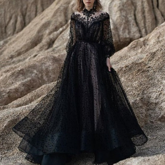 Bohemia Black Gothic Lace Country Ruffles Long Sleeve Bridal Dress Classic Wedding Dresses BlissGown Picture Color 2 