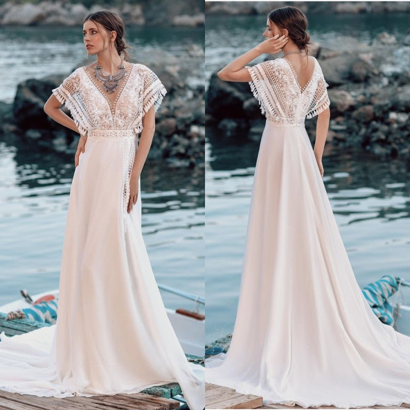 Bohemian Chic Lace Chiffon Beach Wedding Dress – BlissGown