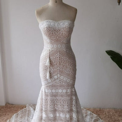 Bohemian Crochet Lace Mermaid Vintage Wedding Dress Boho Wedding Dresses BlissGown 