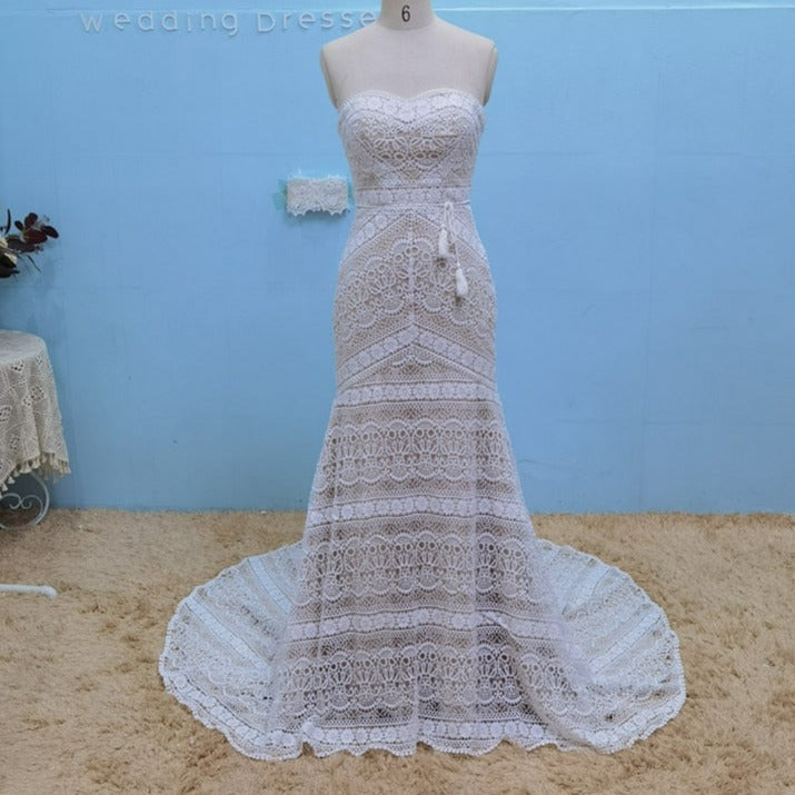 Bohemian Crochet Lace Mermaid Vintage Wedding Dress Boho Wedding Dresses BlissGown Champagne 2 