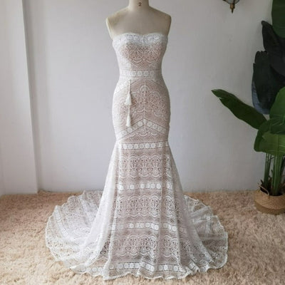 Bohemian Crochet Lace Mermaid Vintage Wedding Dress Boho Wedding Dresses BlissGown Ivory 2 