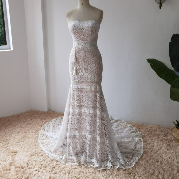 Bohemian Crochet Lace Mermaid Vintage Wedding Dress Boho Wedding Dresses BlissGown Nude Pink 2 