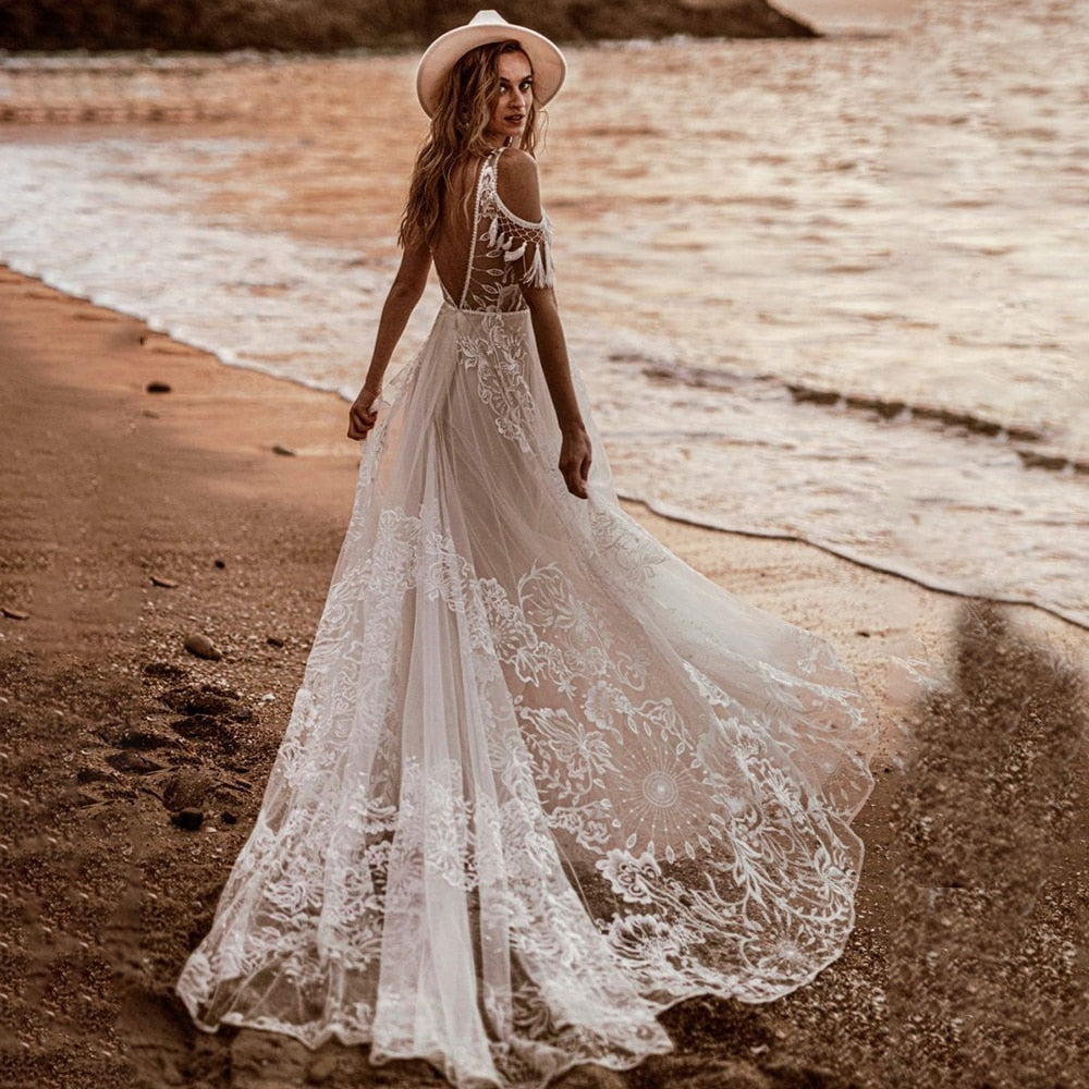 Bohemian Embroidery Tulle Wedding Gown with Tassels Boho Wedding Dresses BlissGown 
