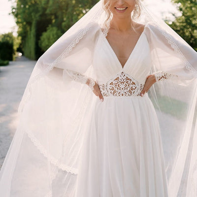 Bohemian Illusion V Neck Long Sleeve Plus Size Chiffon Lace Wedding Dress Boho Wedding Dresses BlissGown 