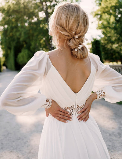 Bohemian Illusion V Neck Long Sleeve Plus Size Chiffon Lace Wedding Dress Boho Wedding Dresses BlissGown 