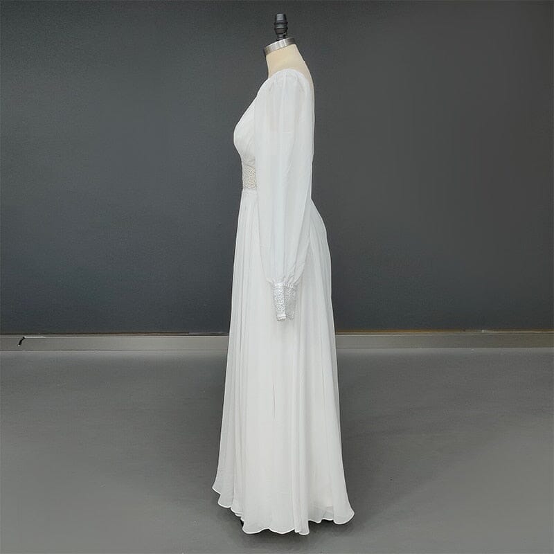 Bohemian Illusion V Neck Long Sleeve Plus Size Chiffon Lace Wedding Dress Classic Wedding Dresses BlissGown 