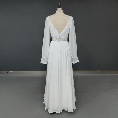 Bohemian Illusion V Neck Long Sleeve Plus Size Chiffon Lace Wedding Dress Classic Wedding Dresses BlissGown 