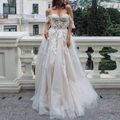 Bohemian Lace Applique Sweep Train Tulle Illusion Wedding Dress Boho Wedding Dresses BlissGown 