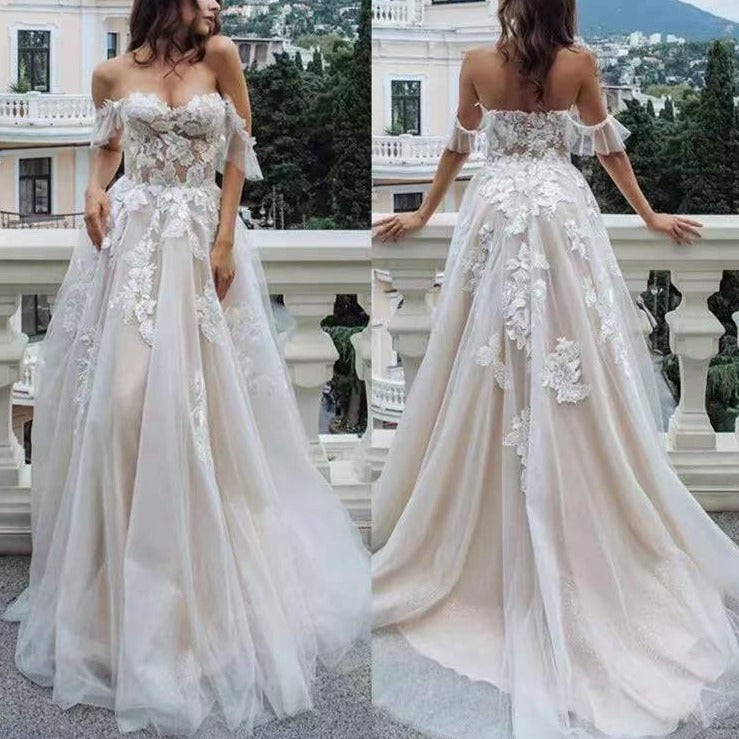 Bohemian Lace Applique Sweep Train Tulle Illusion Wedding Dress Boho Wedding Dresses BlissGown 
