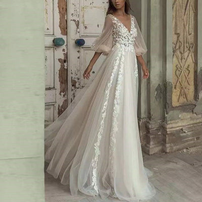 Bohemian Lace Applique Tulle Backless Puff Sleeve Wedding Dress Boho Wedding Dresses BlissGown 