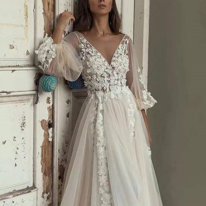Bohemian Lace Applique Tulle Backless Puff Sleeve Wedding Dress Boho Wedding Dresses BlissGown 