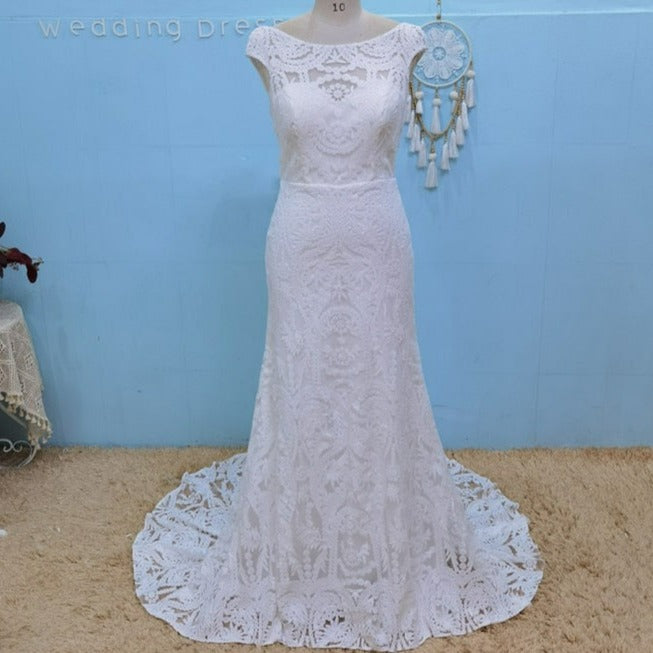 Bohemian Lace Elegant Open Back Mermaid Wedding Dress Boho Wedding Dresses BlissGown 
