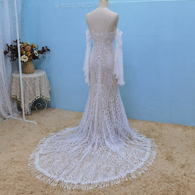 Bohemian Lace Tassel Flared Sleeves Mermaid Beach Wedding Dress Boho Wedding Dresses BlissGown 