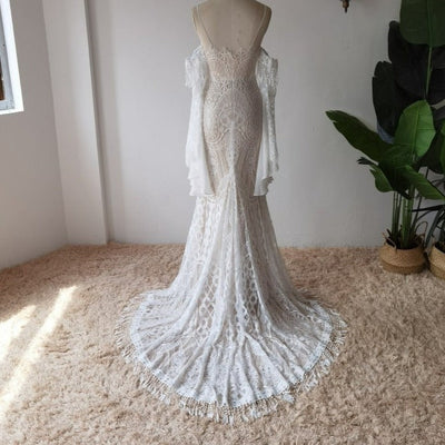 Bohemian Lace Tassel Flared Sleeves Mermaid Beach Wedding Dress Boho Wedding Dresses BlissGown 