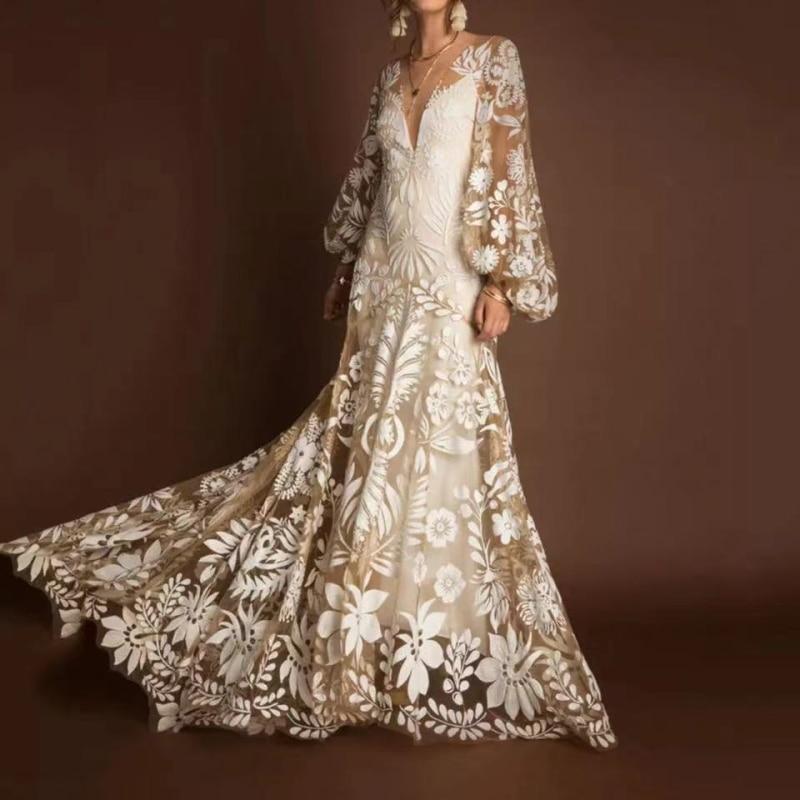 Bohemian Long Sleeves Lace Deep V-Neck Backless Wedding Dress Boho Wedding Dresses BlissGown 