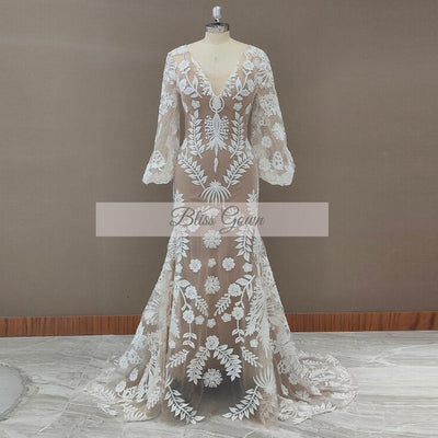 Bohemian Long Sleeves Lace Deep V-Neck Backless Wedding Dress Boho Wedding Dresses BlissGown champagne lining 6 