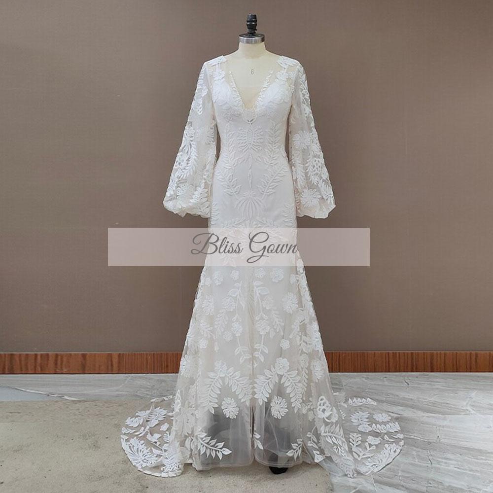 Bohemian Long Sleeves Lace Deep V-Neck Backless Wedding Dress Boho Wedding Dresses BlissGown ivory lining 4 