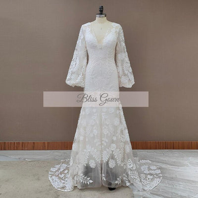 Bohemian Long Sleeves Lace Deep V-Neck Backless Wedding Dress Boho Wedding Dresses BlissGown ivory lining 4 
