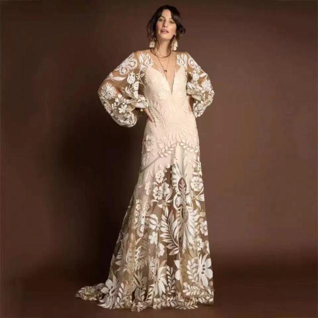 Bohemian Long Sleeves Lace Deep V-Neck Backless Wedding Dress Boho Wedding Dresses BlissGown Slit lining 16 