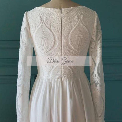 Bohemian Long Wedding Dresses with a detachable train Boho Wedding Dresses BlissGown white closed Back Custom Size 50cm