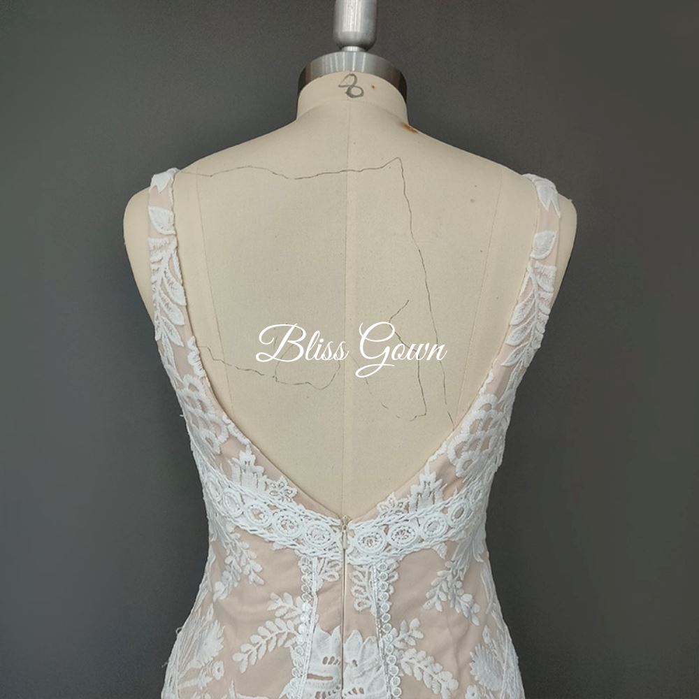 Bohemian V-Neck Sweep Train Lace Wedding Dress Boho Wedding Dresses BlissGown 