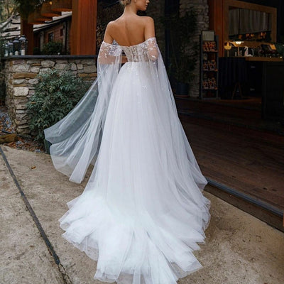 Boho A Line Lace Long Beach Tulle Wedding Gown Boho Wedding Dresses BlissGown 