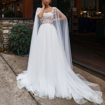 Boho A Line Lace Long Beach Tulle Wedding Gown Boho Wedding Dresses BlissGown White 2 