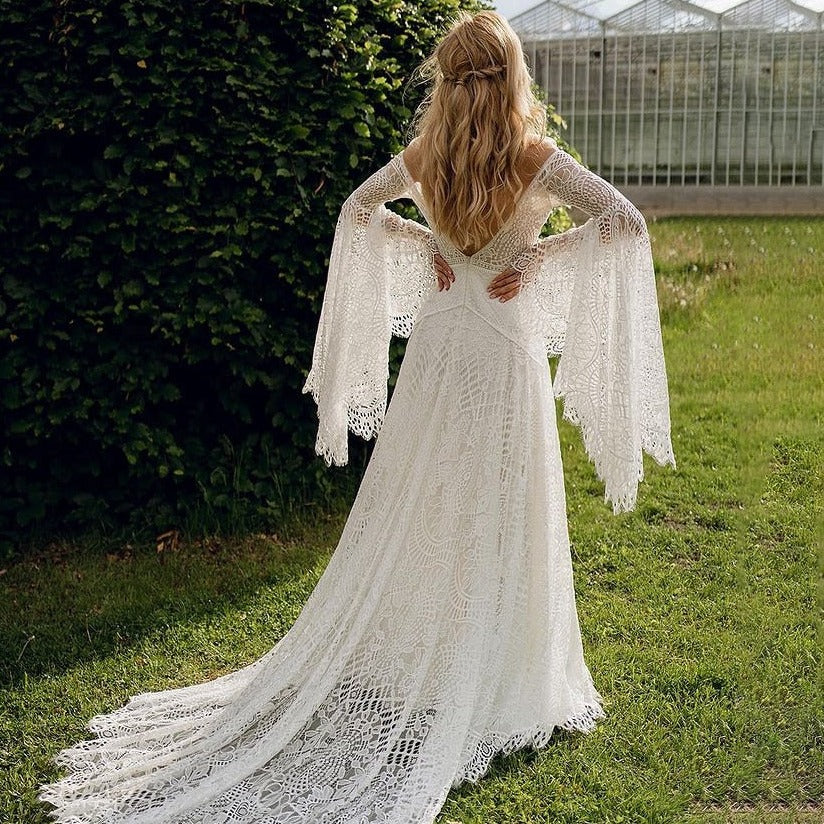 Boho Batwing Sleeve Rustic Romantic Open Back Mermaid Bridal Gown Boho Wedding Dresses BlissGown 