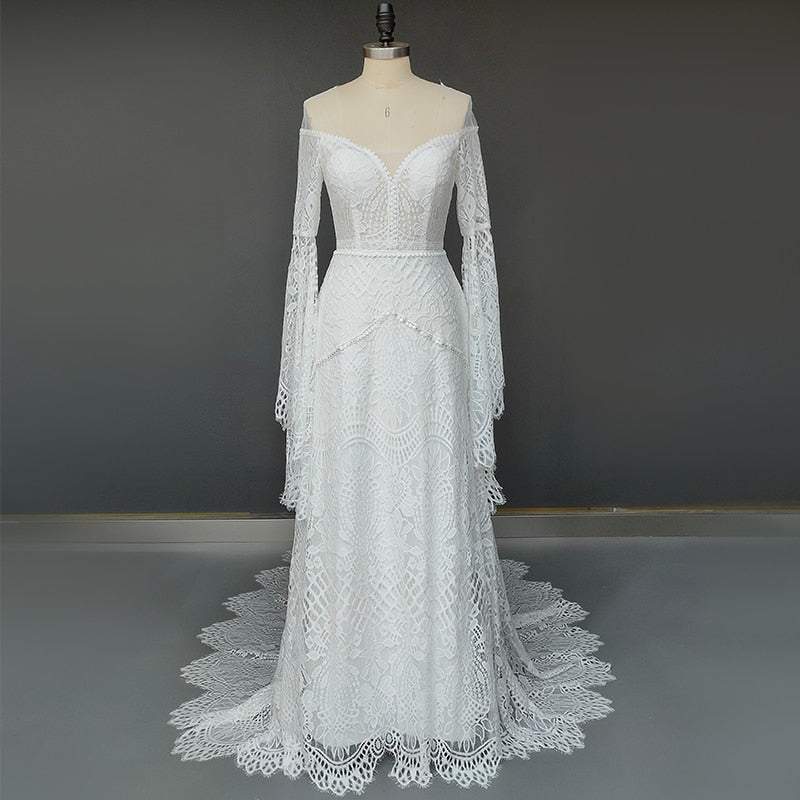 Boho Batwing Sleeve Rustic Romantic Open Back Mermaid Bridal Gown Boho Wedding Dresses BlissGown All Off White 4 