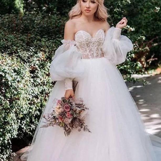 Boho Detachable Puff Sleeve Glitter Sparky Lace Wedding Dress Vintage Wedding Dresses BlissGown 