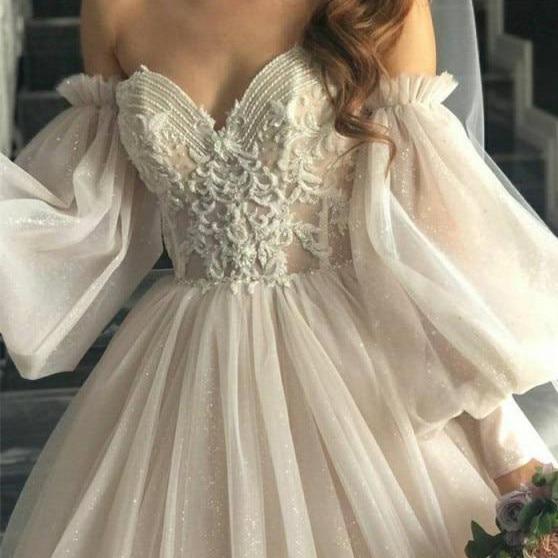 Boho Detachable Puff Sleeve Glitter Sparky Lace Wedding Dress Vintage Wedding Dresses BlissGown Champagne 10 