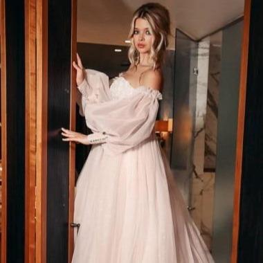 Boho Detachable Puff Sleeve Glitter Sparky Lace Wedding Dress Vintage Wedding Dresses BlissGown Pink Custom Size 