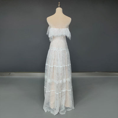 Boho Full Lace Off Shoulder Ruffles A Line Floor Length White Wedding Gown Boho Wedding Dresses BlissGown 